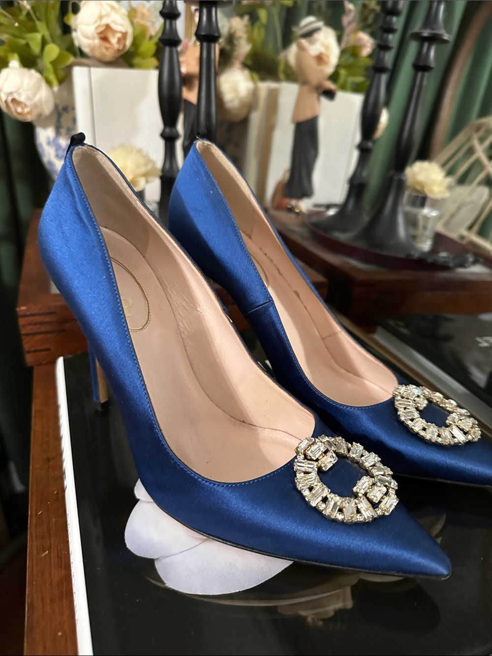 SJP by Sarah Jessica Parker Navy Satin Pointed Toe Pumps with Crystal Buckle - Picture 7 of 11